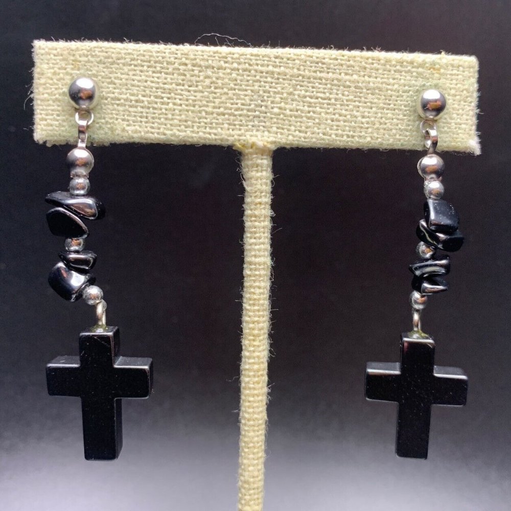 Hematite Cross Earrings Dangle Silver Tone Chip Beaded Pierced Christian Jewelry